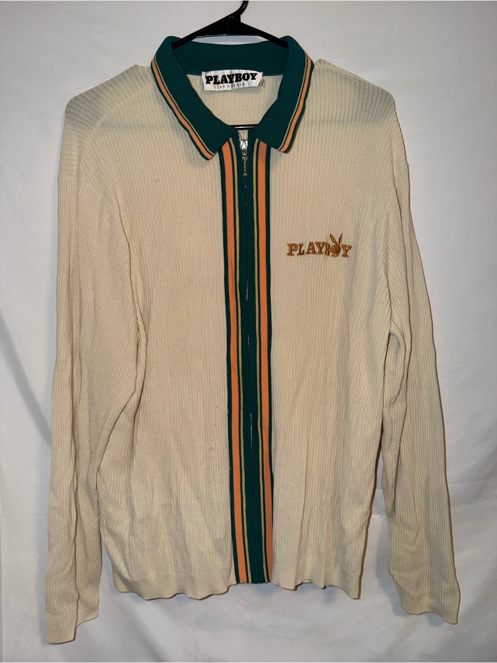 PLAYBOY Cream Zip-Up Polo Sweater with Green & Gold Trim